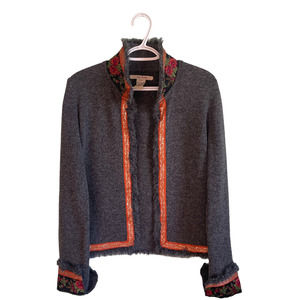 Free People Wool Rare Floral Ribbon Trim Collared Light Weight Cardigan Grey